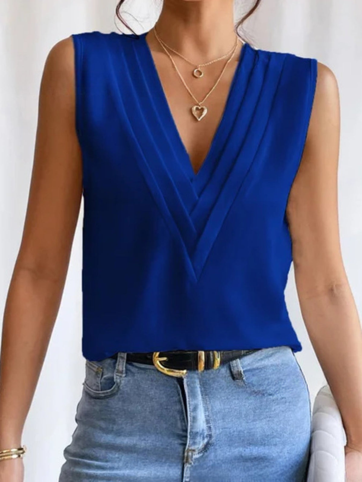 Ruched V Neck Blouse, Casual Sleeveless Solid Versatile Tank Top