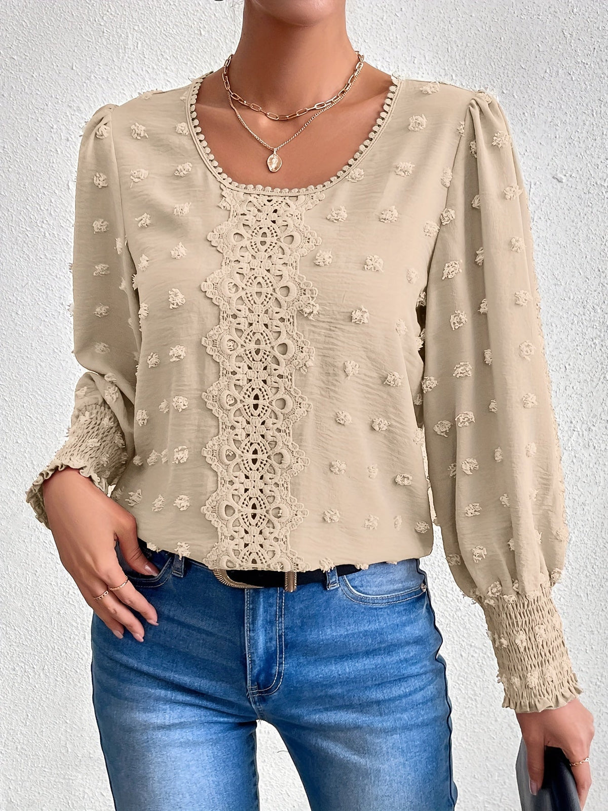 Swiss Dot Crew Neck Blouse, Elegant Long Sleeve Top