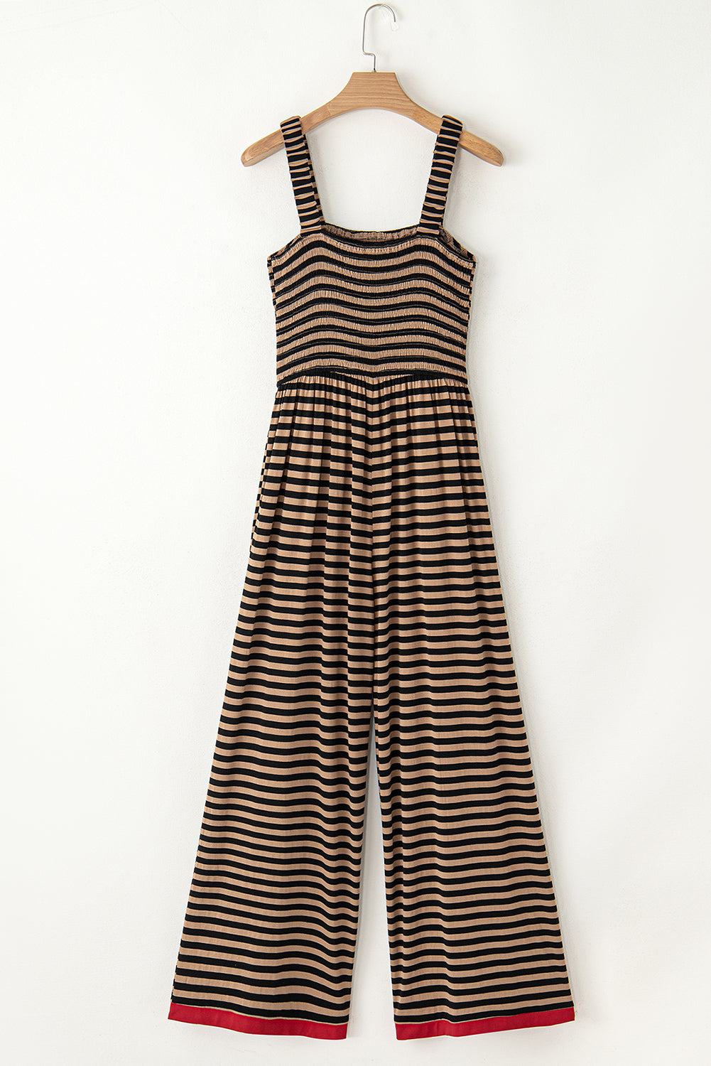 Brown Stripe Square Neck Shirred Wide Leg Jumpsuit