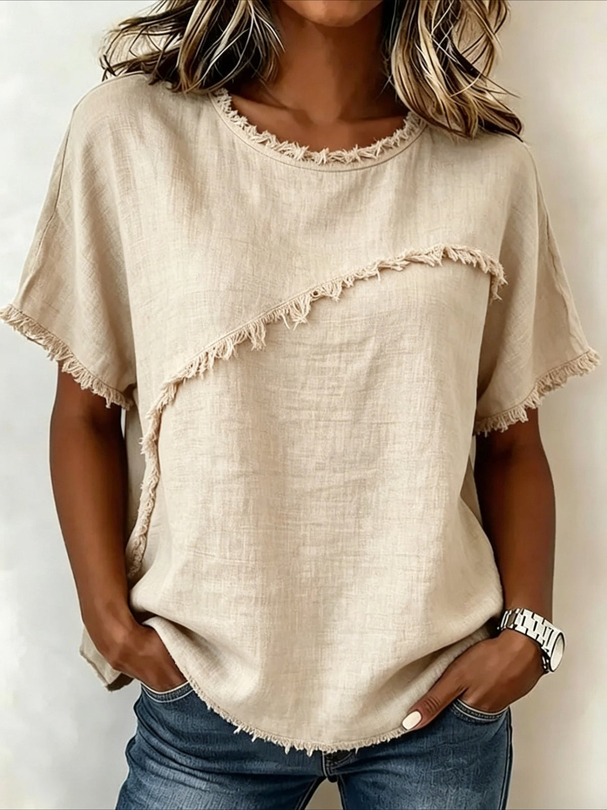 Round Neck Casual Fringed Panel Loose Short Sleeve Top