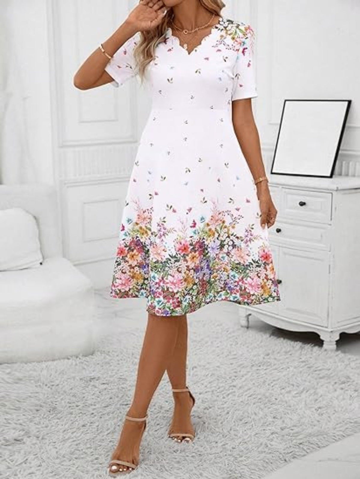 Floral Print V Neck Dress, Elegant Short Sleeve Flared Midi Dress