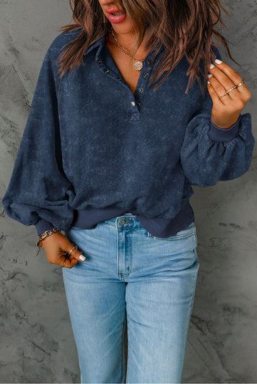 Blue Washed Snap Buttons Lantern Sleeve Pullover Sweatshirt