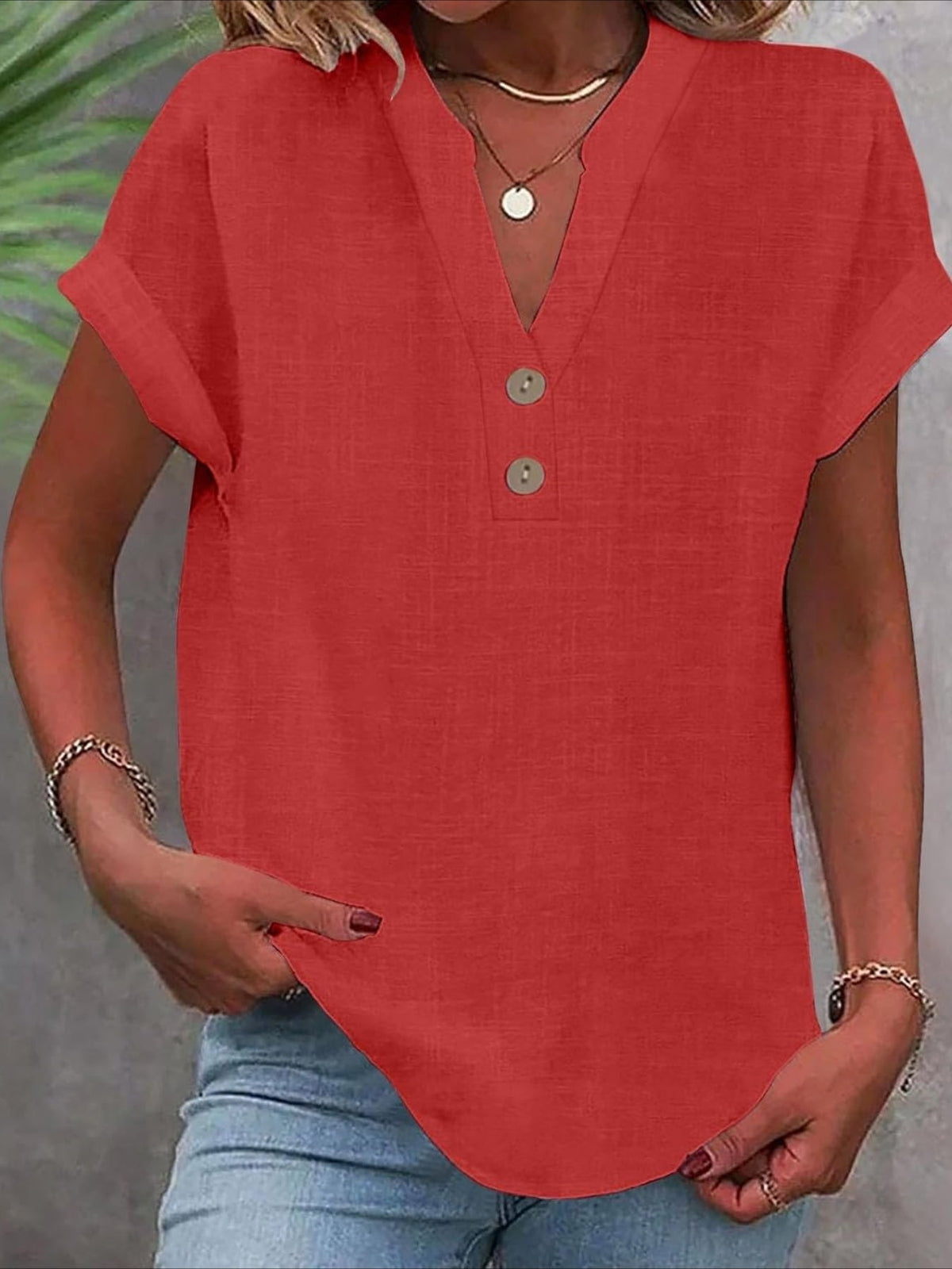 Solid Color V Neck Short Sleeve Button Down T Shirts