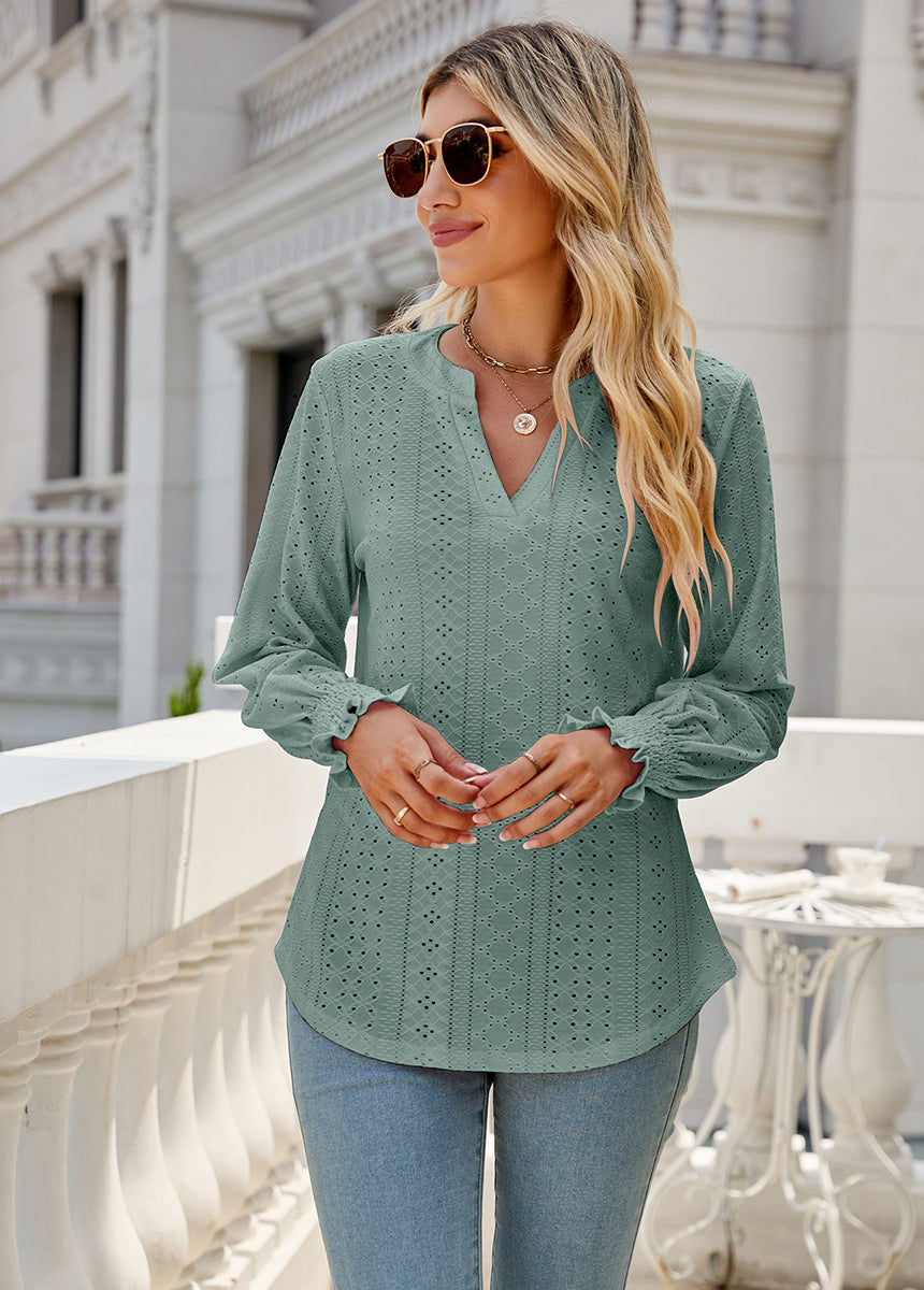Solid Color Hollow Pleated Ruffle Sleeve V-Neck Loose Long Sleeve Top