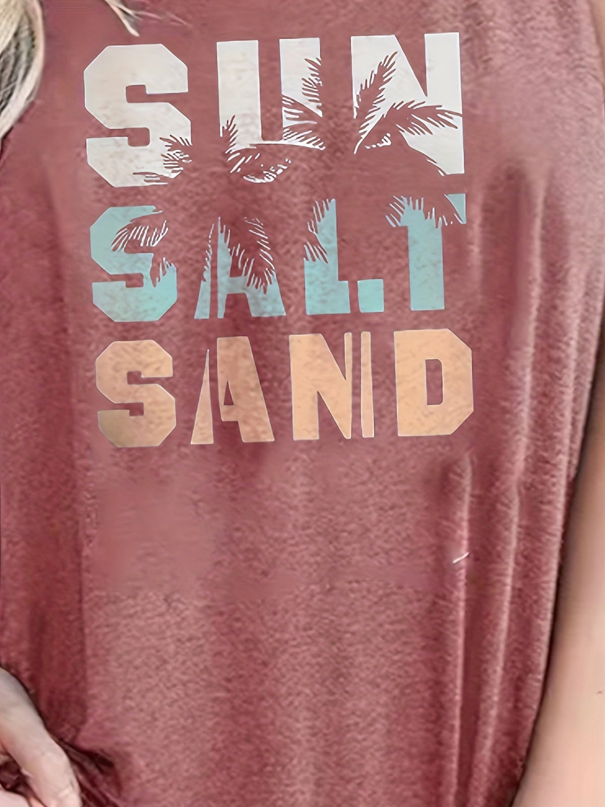Sun Salt Sand Print Tank Top, Casual Sleeveless Crew Neck Beach Tank Top