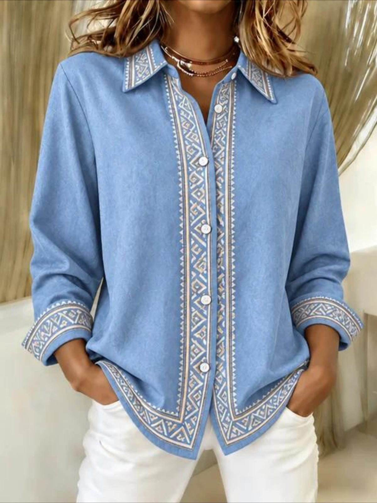 Vintage Geometric Long Sleeve Plain Regular Micro-Elasticity Regular Fit Shirt