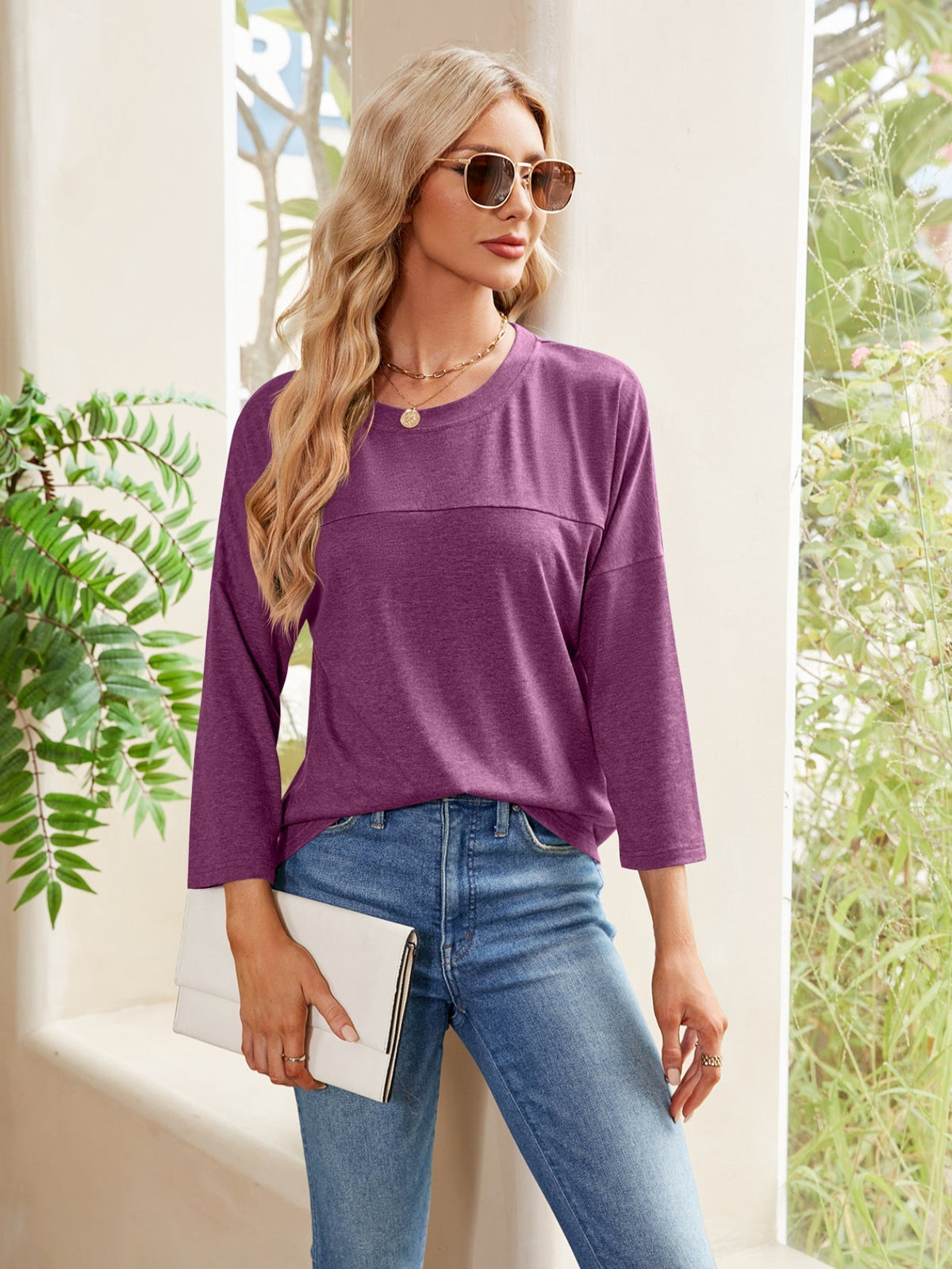 Solid color casual seven-quarter sleeve round neck loose T-shirt