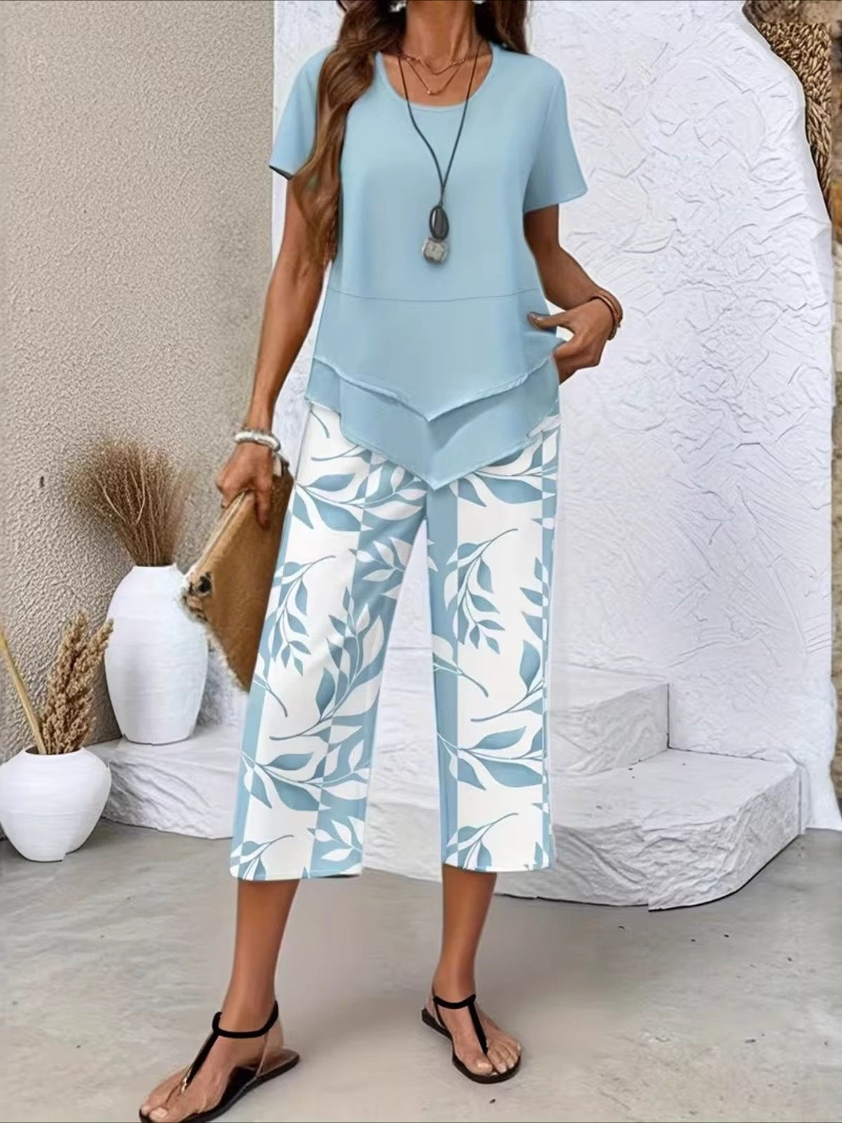 Solid Round Neck Short Sleeve Top With Floral Printing Pants Casual Two-Piece Set