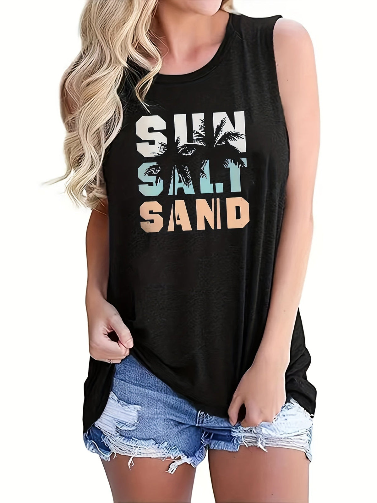 Sun Salt Sand Print Tank Top, Casual Sleeveless Crew Neck Beach Tank Top