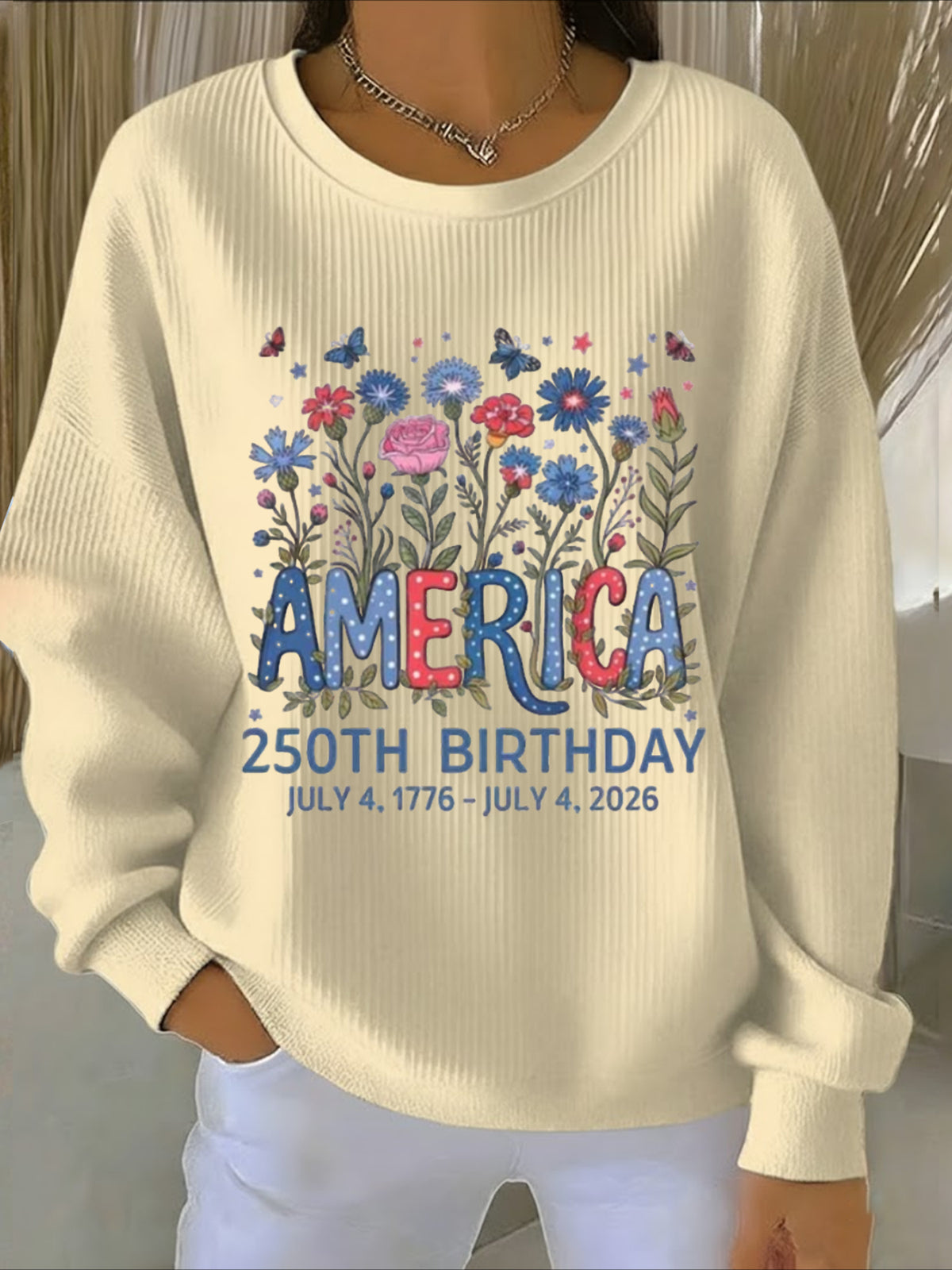 USA 250th Anniversary Printed Crew Neck Floral Long Sleeve Sweater Hoodie