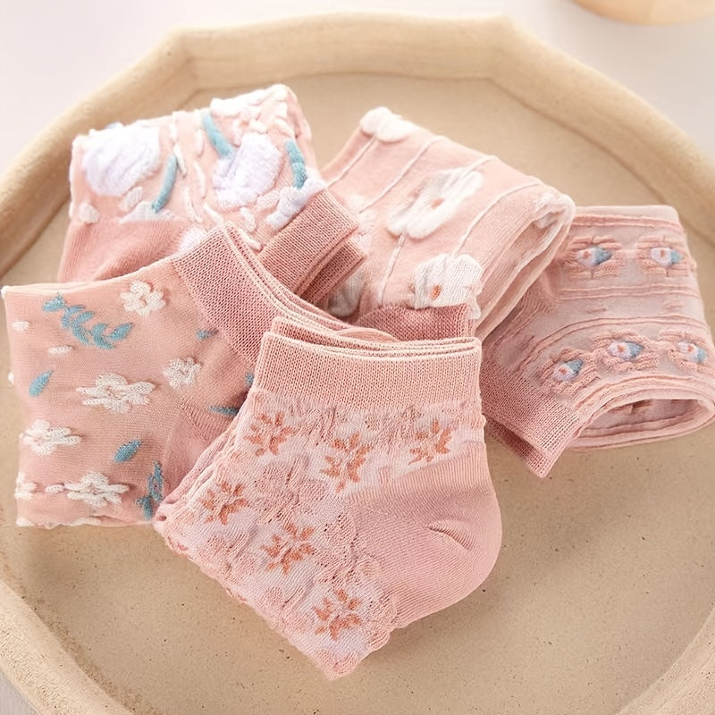 5 Pairs Kawaii Harajuku Flower Printed Socks, Cute JK Low Cut Short Crew Elastic Socks Soft Breathable Sock