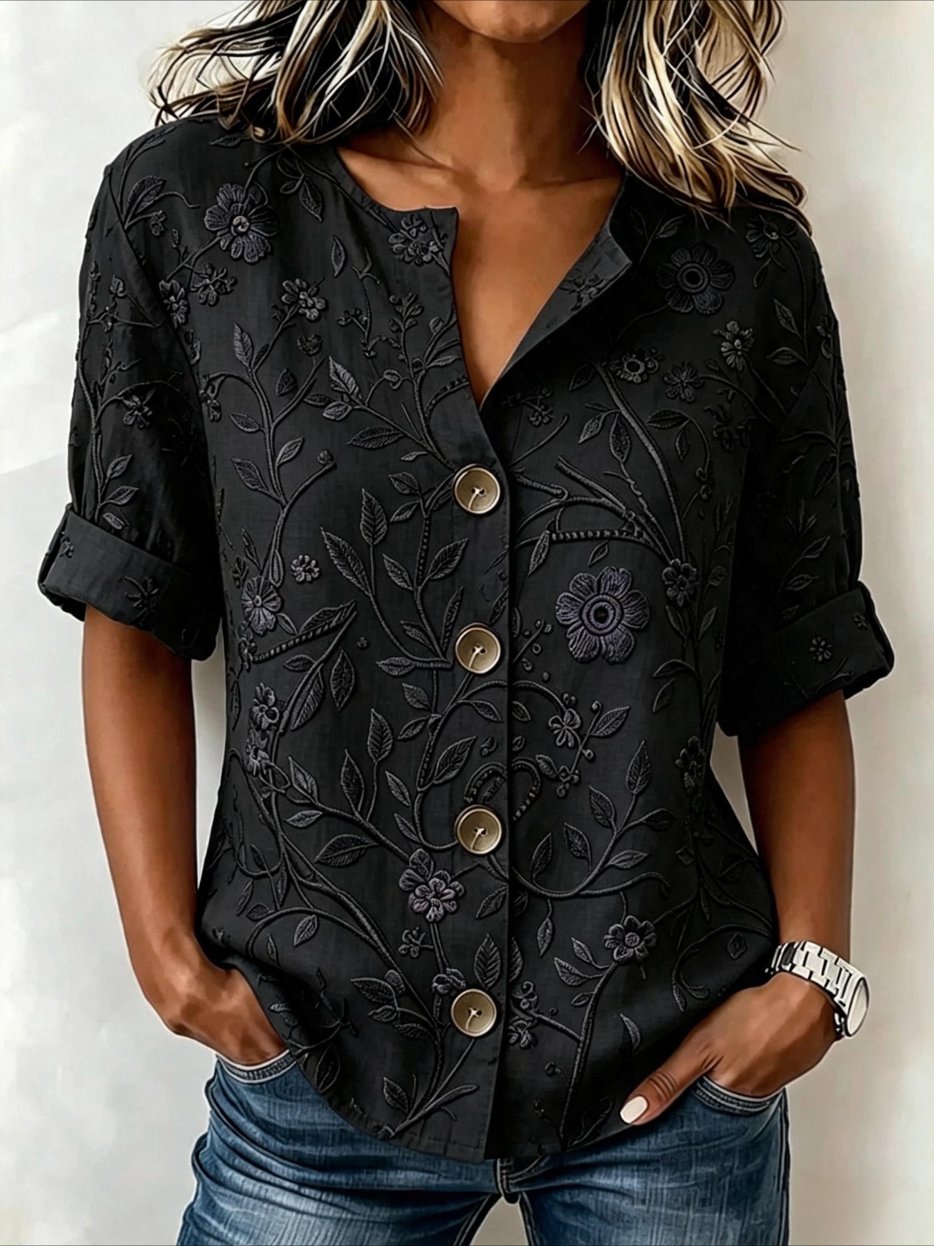 Floral Loose Stand Collar Simple Linen Blend Long Sleeve Shirt