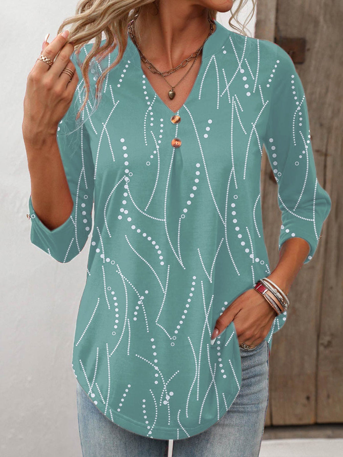 Button Print and V-neck 3/4 Sleeve Elegant Top