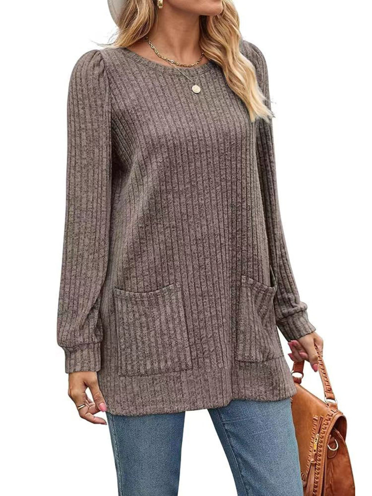Casual Top, Women's Solid Ribbed Long Sleeve Round Neck Medium Stretch Top With Pockets