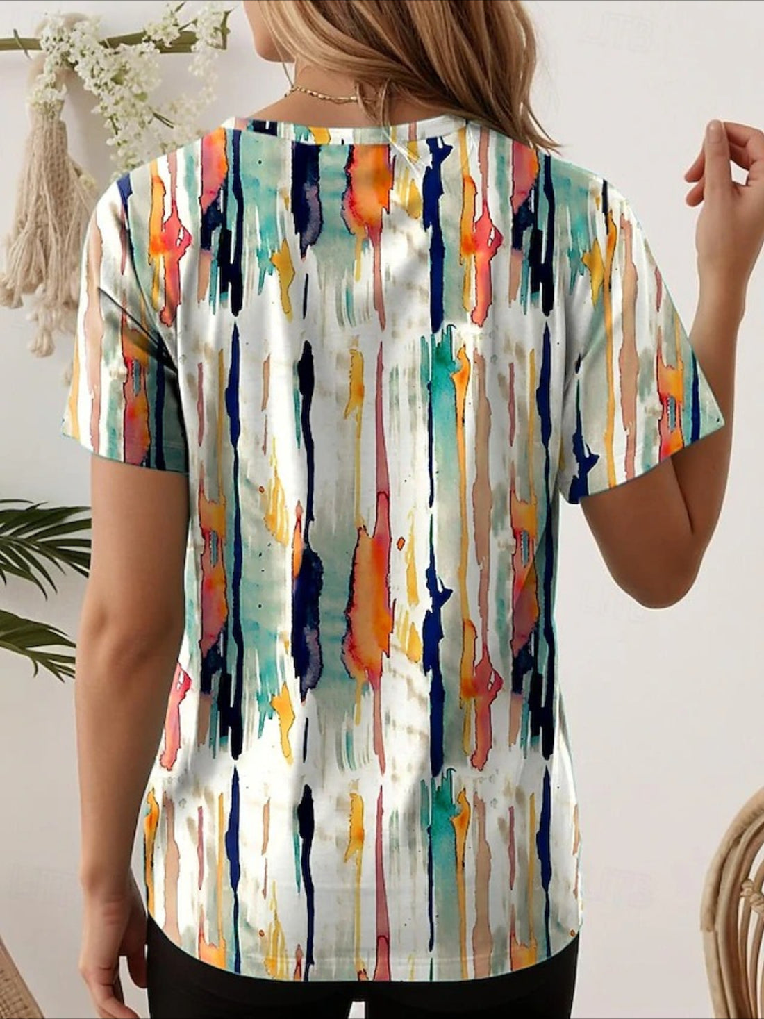 Print Graphic Geometric Striped Vintage Stylish Classic Short Sleeve Crew Neck Regular Tops