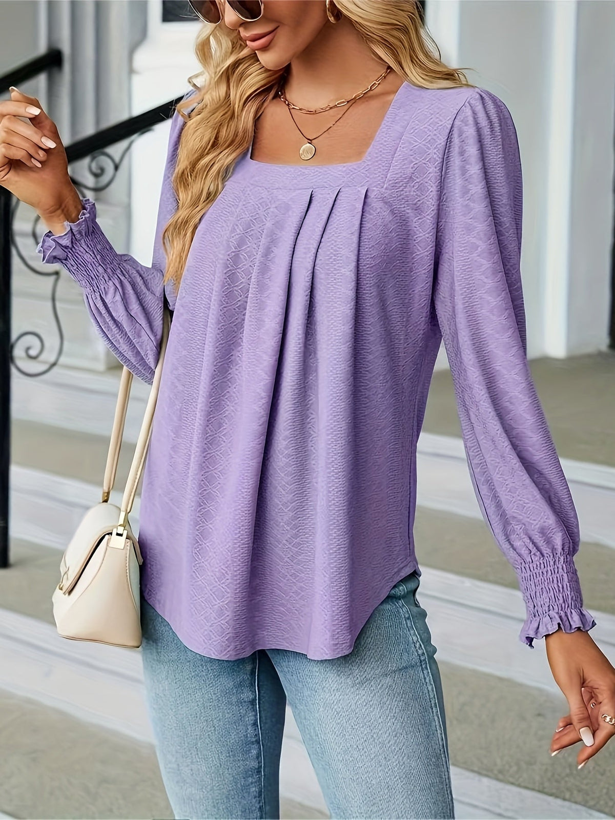 Elegant T-shirt, Women's  Argyle Textured Shirred Lantern Sleeve Square Neck Ruched Top