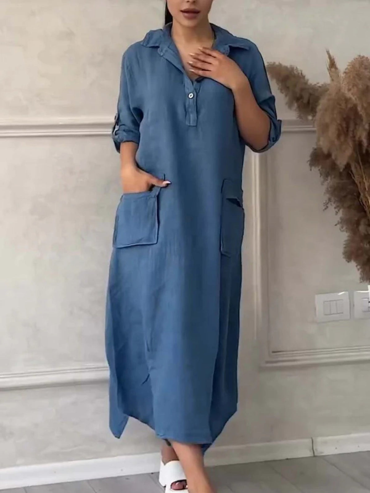 Solid Color Casual Shawl Collar Plain Loose Dress