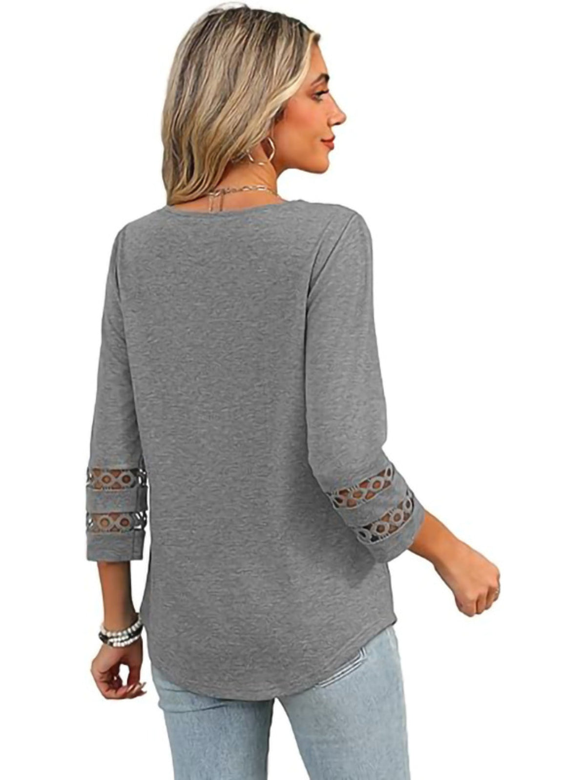 3/4 Length Sleeve Crewneck Lace Tunic Tops