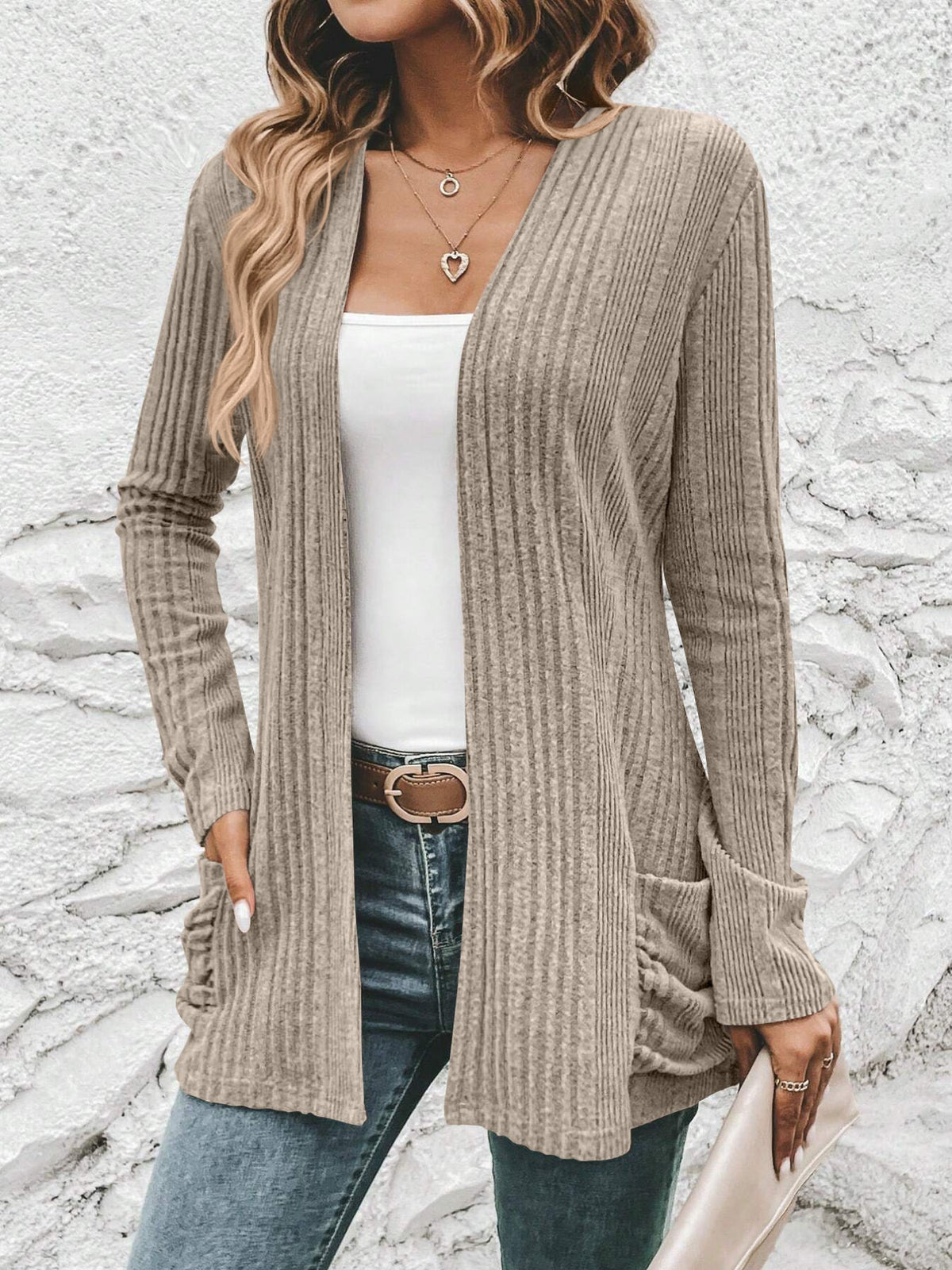 Solid Open Front Rib Knit Cardigan, Casual Long Sleeve Slim Cardigan With Pocket