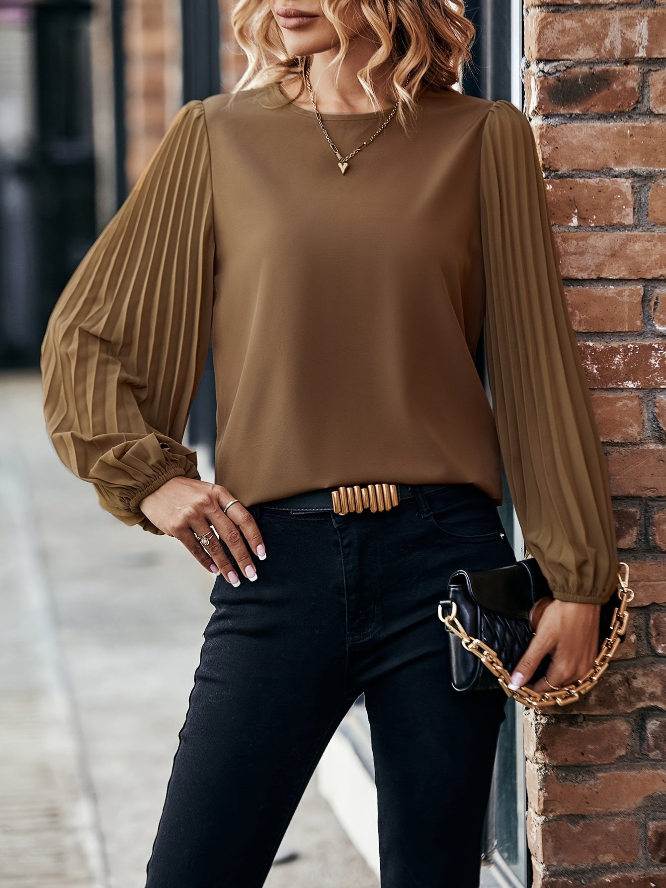 Elegant Round Neck Long Sleeve Blouse - Women's Polyester Shirt for Mature Ladies - Machine Washable, Non