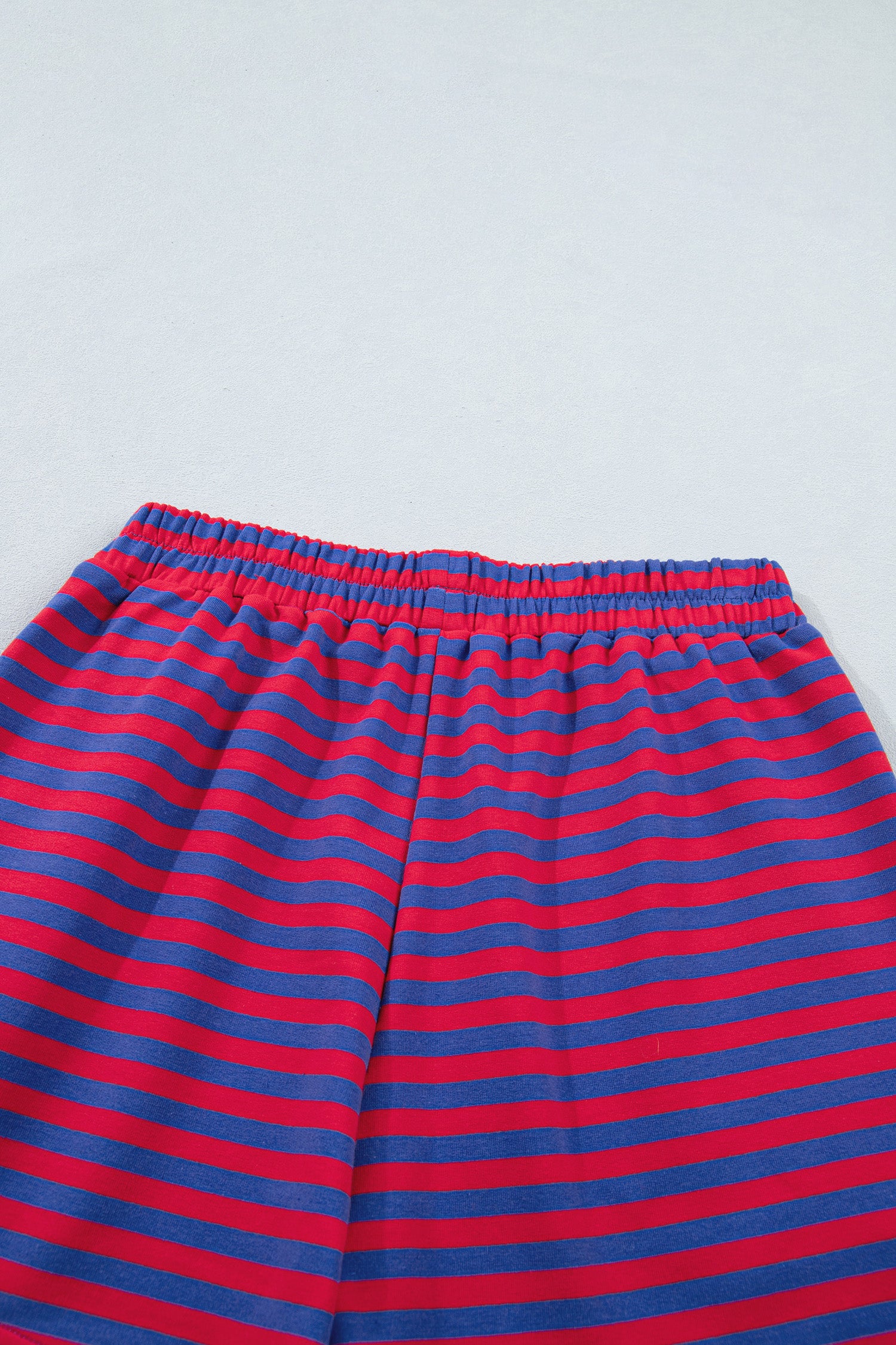 Navy Stripe Striped Ribbed Cotton Two-Piece Short Set with Chest Patch Detail