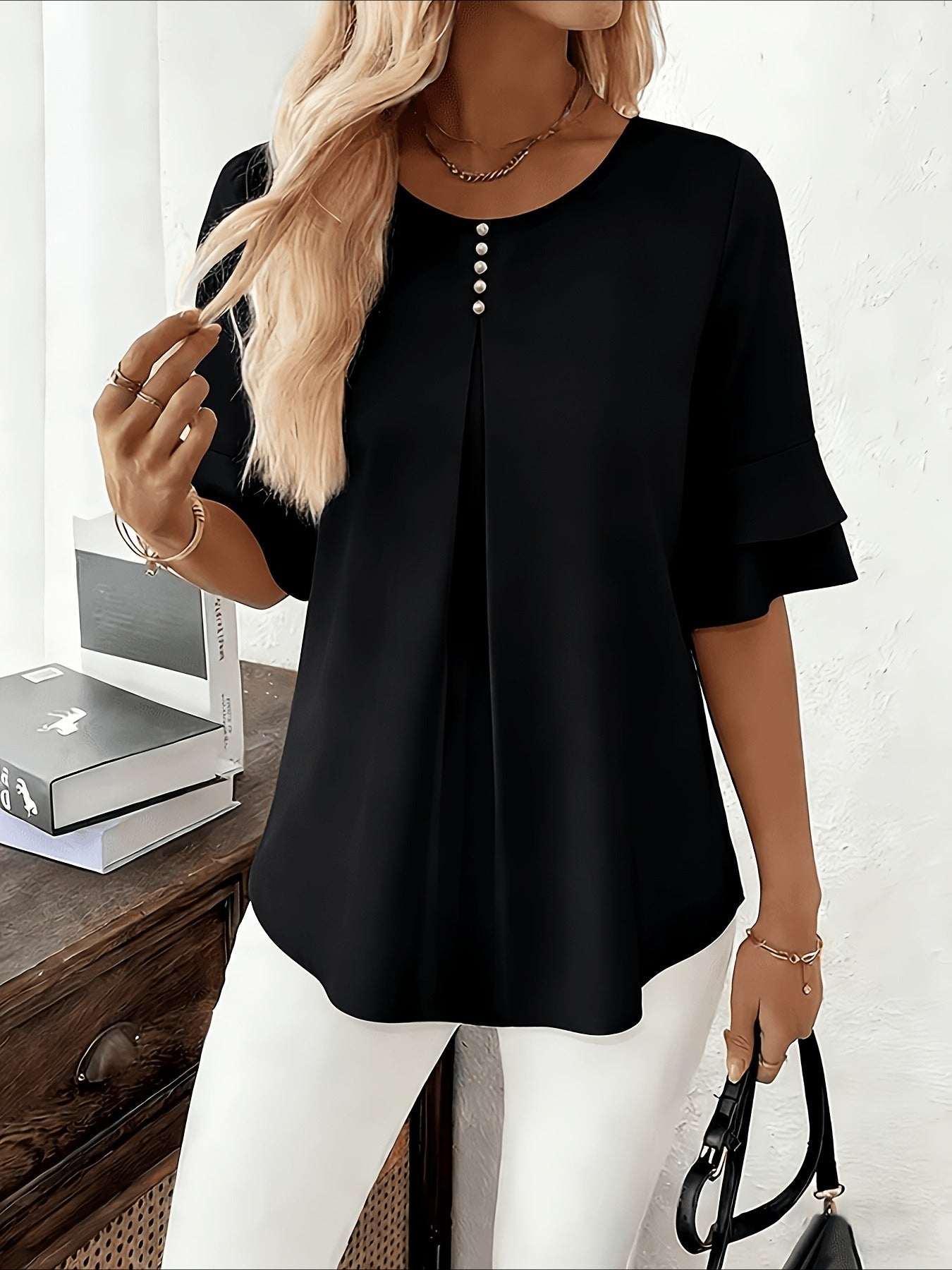 Elegant Fashion Summer Loose Solid Round Neck Button-Up Shirt Flared Sleeve Ruffle Top