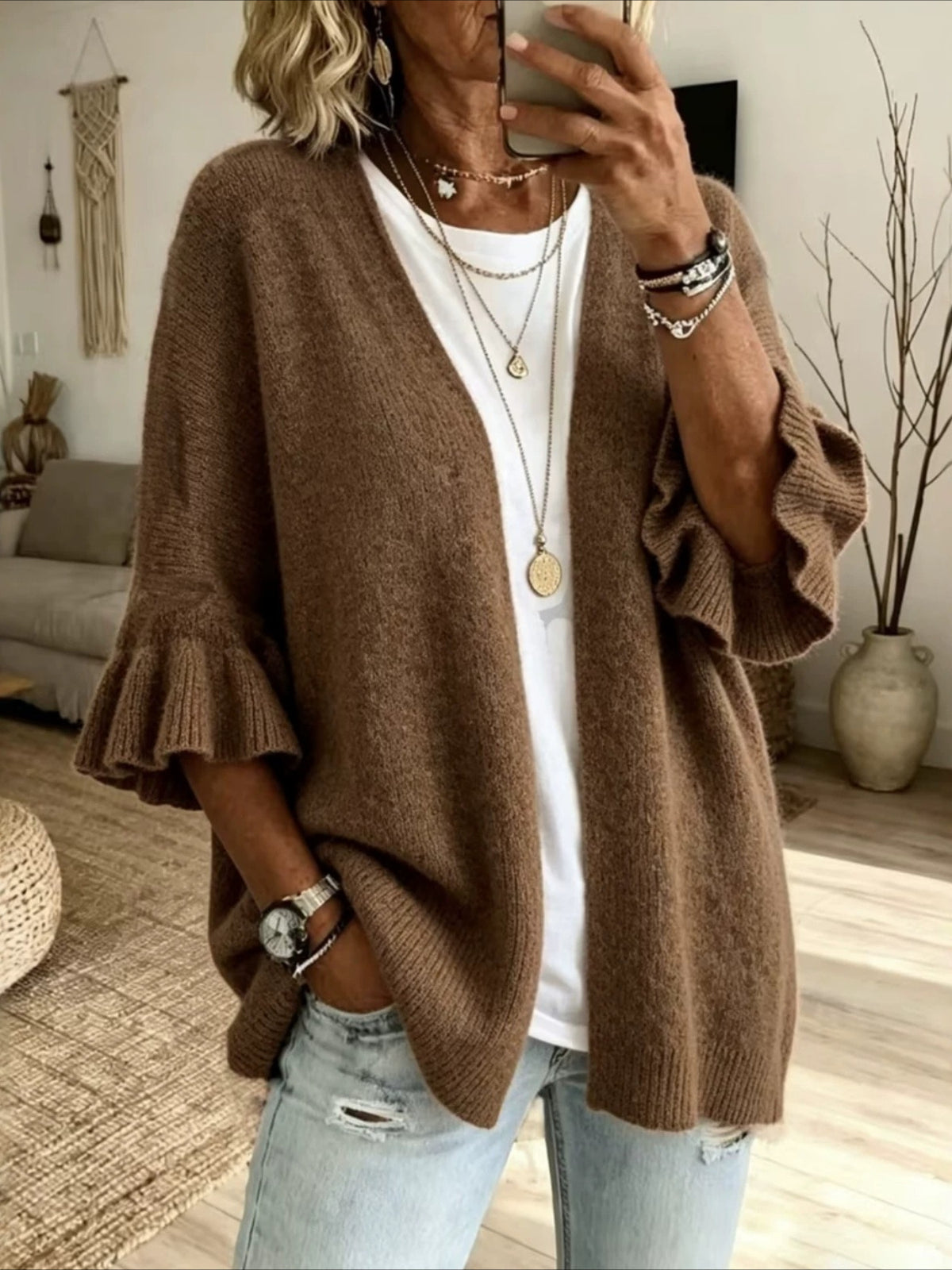Open Front Ruffle Sleeve Knit Cardigan