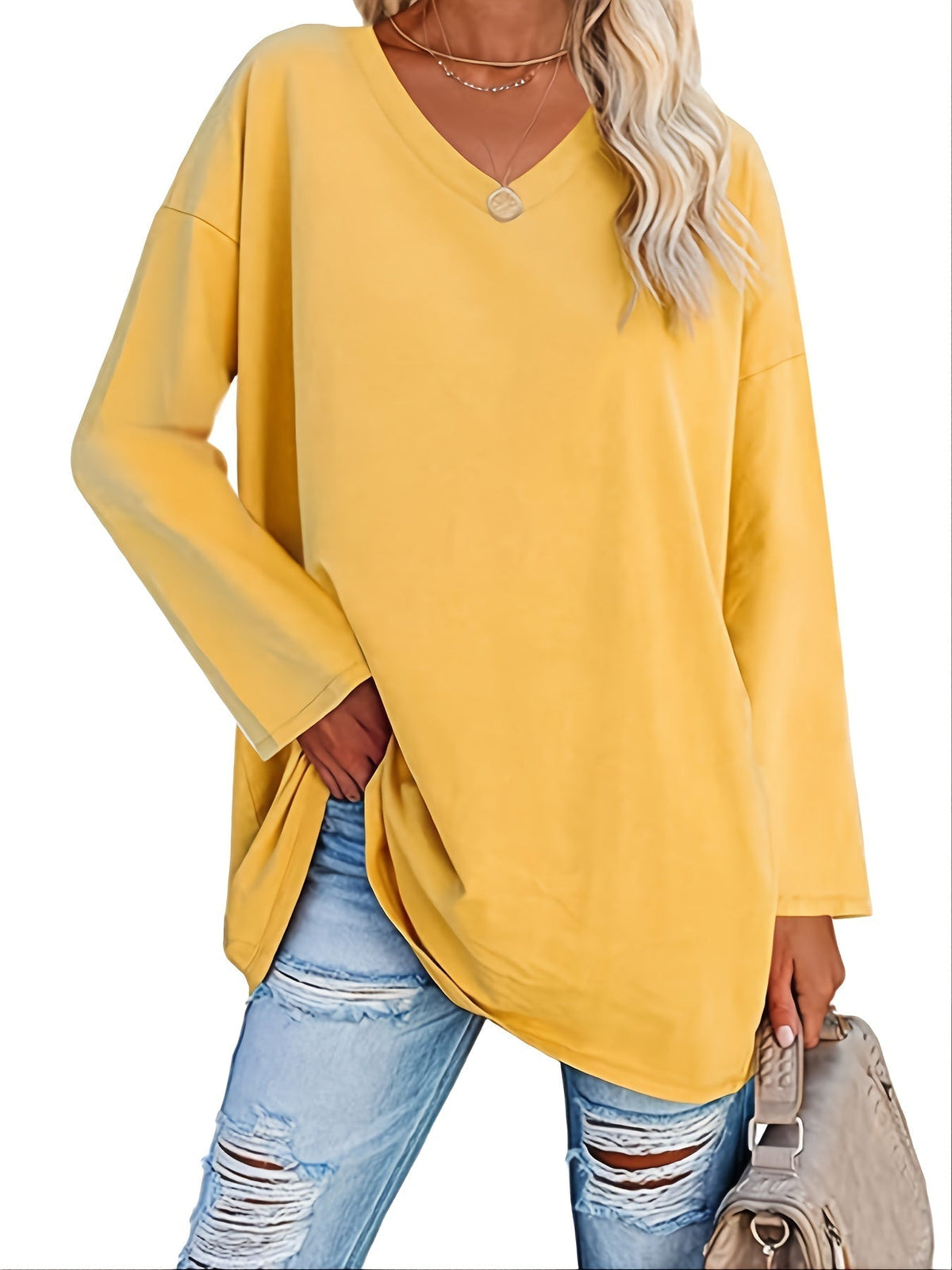 Women's Solid Color Oversized Tops, V-Neck Long Sleeve T-Shirts, Casual Loose Shirts