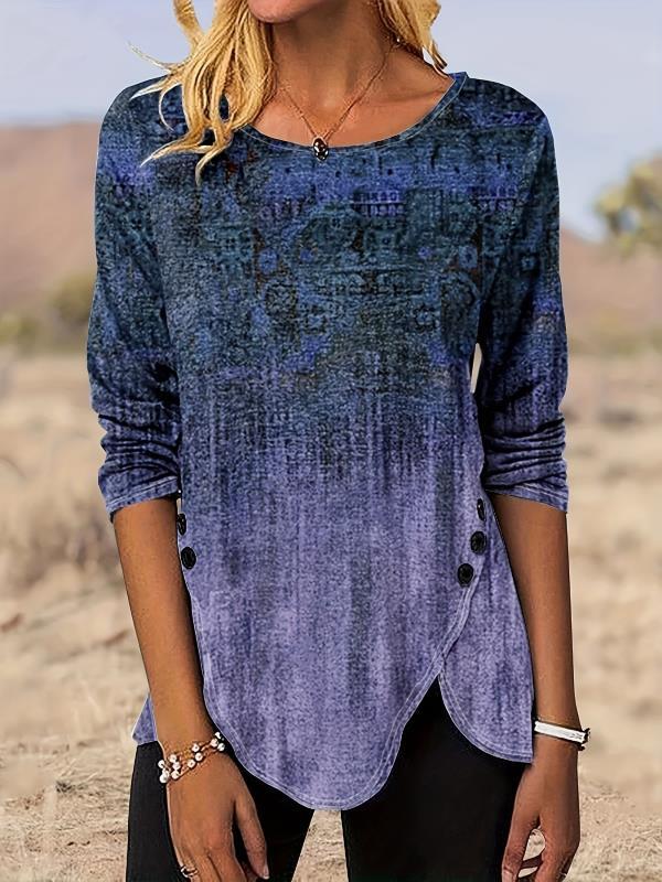 Graphic Print Buttons Front T-Shirt, Casual Long Sleeve Asymmetrical Hem T-Shirt