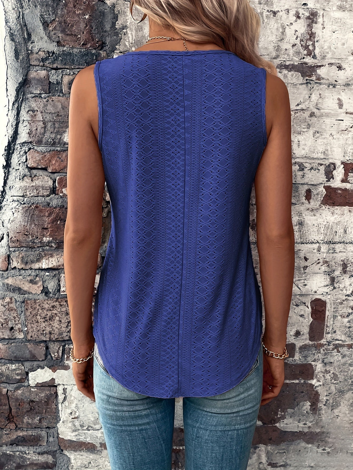 Eyelet Solid Tank Top, Casual V Neck Summer Sleeveless Top