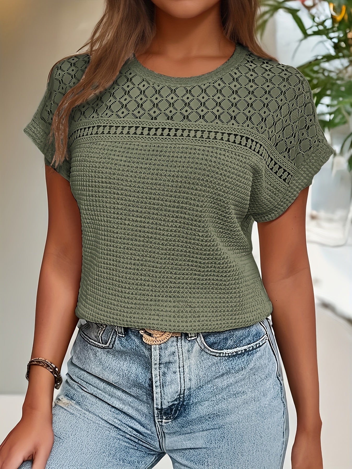 Casual Crew Neck Waffle Loose Solid Color Tops