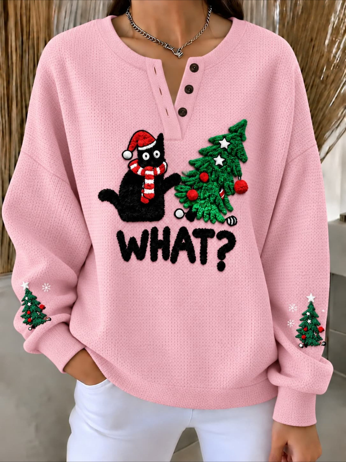What?” Christmas Cat Textured-Knit Henley Sweatshirt