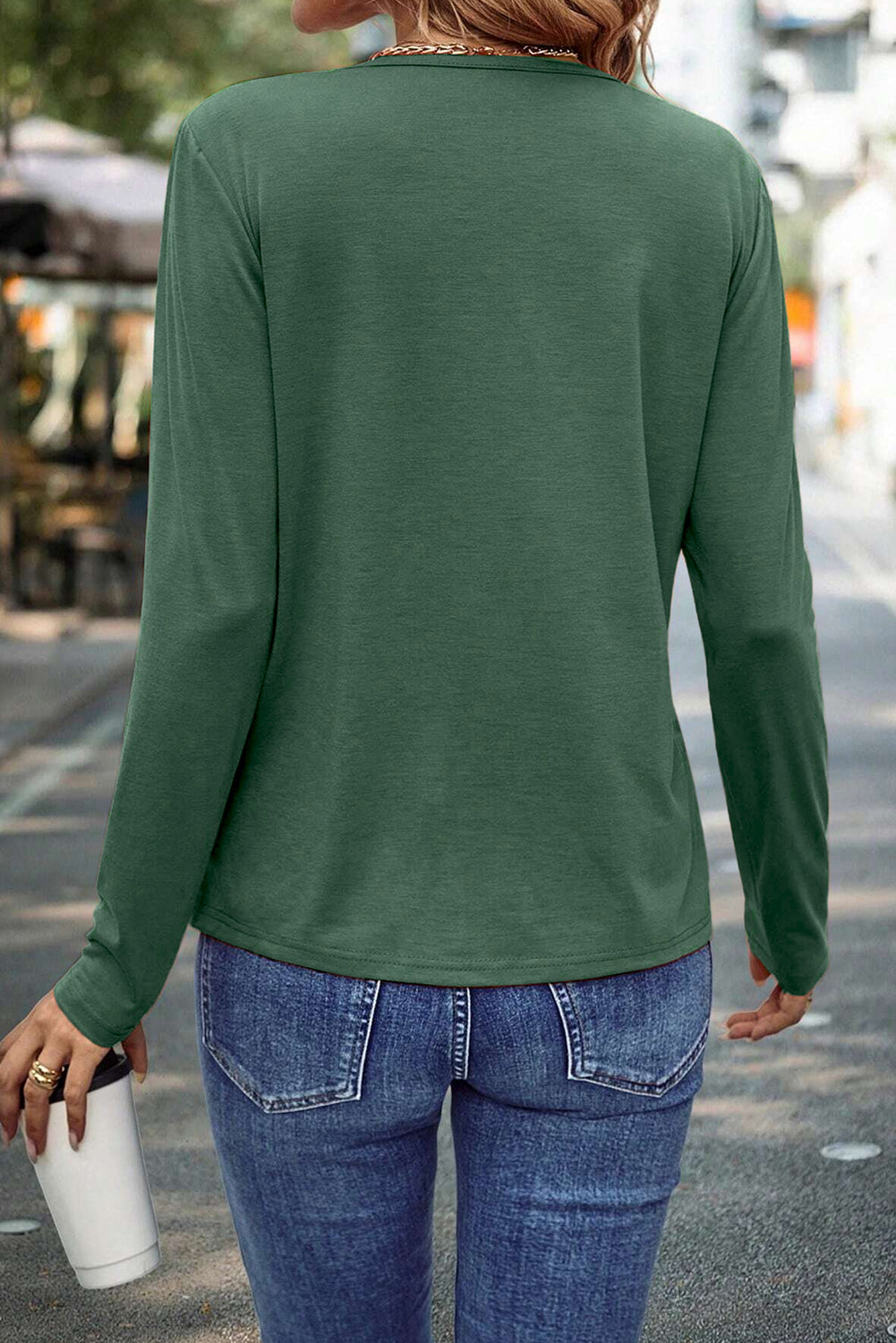 Blackish Green Asymmetric Seam Detail Solid Color Long Sleeve Top