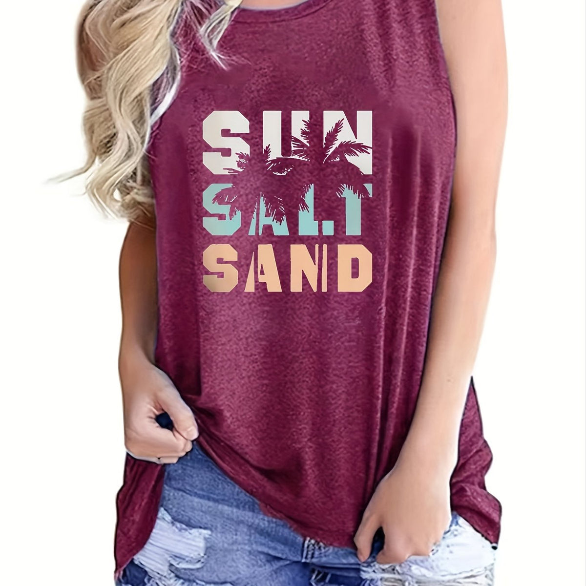 Sun Salt Sand Print Tank Top, Casual Sleeveless Crew Neck Beach Tank Top