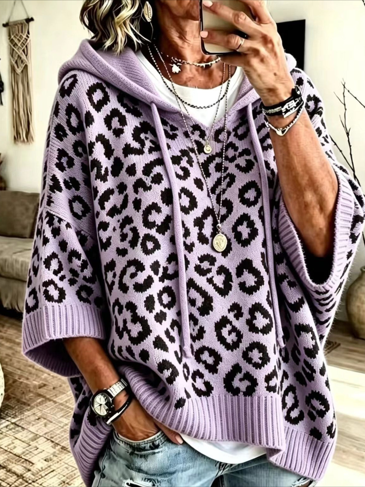 Leopard Pattern Hooded Knit Sweater with Batwing Sleeves