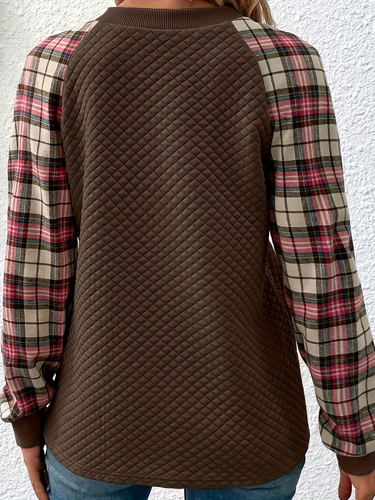 Plaid Print Button Front Crew Neck T-Shirt, Casual Long Sleeve Top
