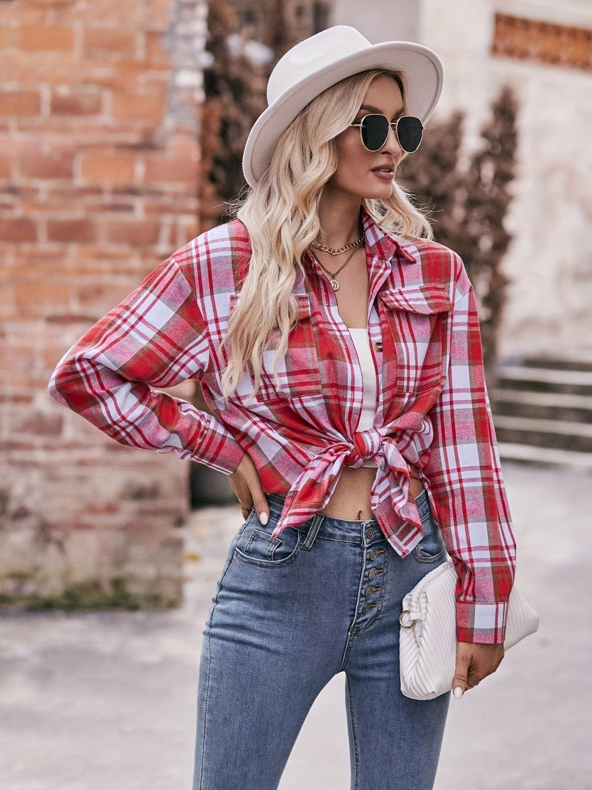 Plaid Print Polo Collar Button Shirt, Casual Long Sleeve Shirt