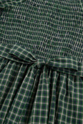 Green Plaid Square Neck Shirred High Waist Ruffle Hem Dress
