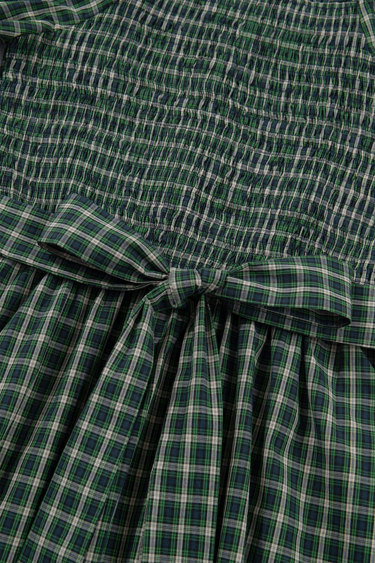 Green Plaid Square Neck Shirred High Waist Ruffle Hem Dress