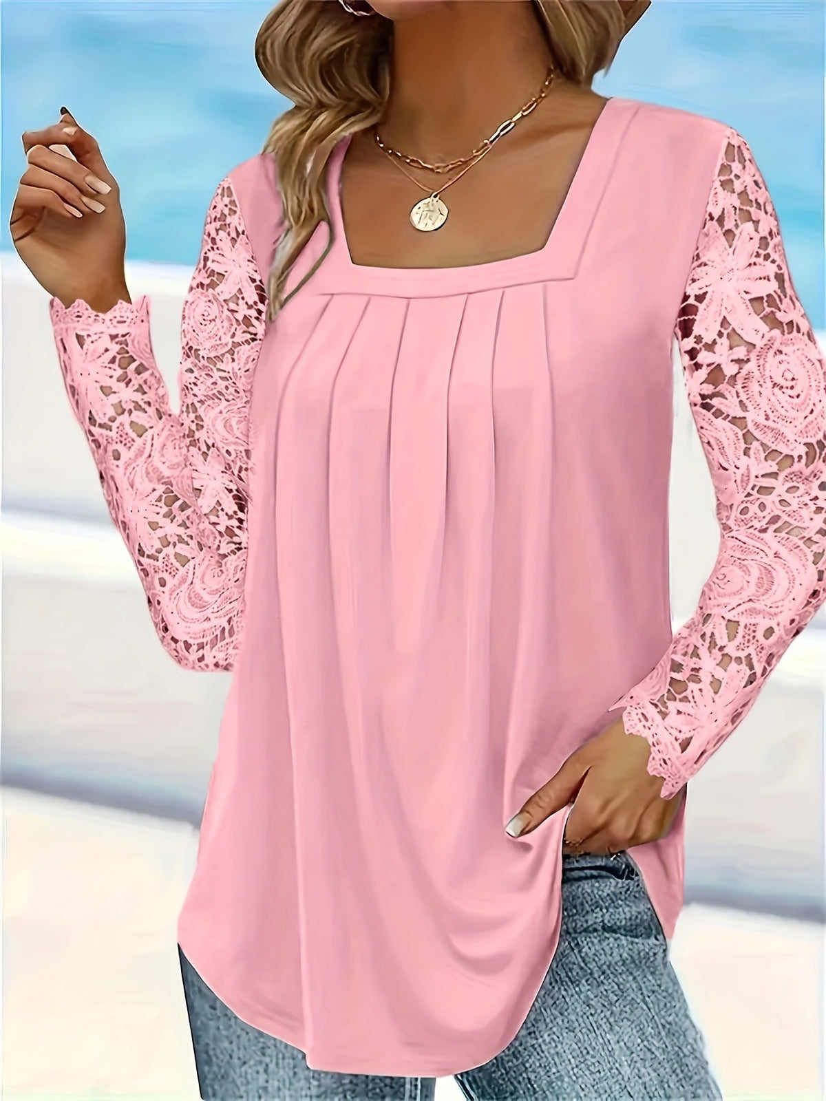 Lace Stitching T-Shirt, Casual Square Neck Long Sleeve T-Shirt