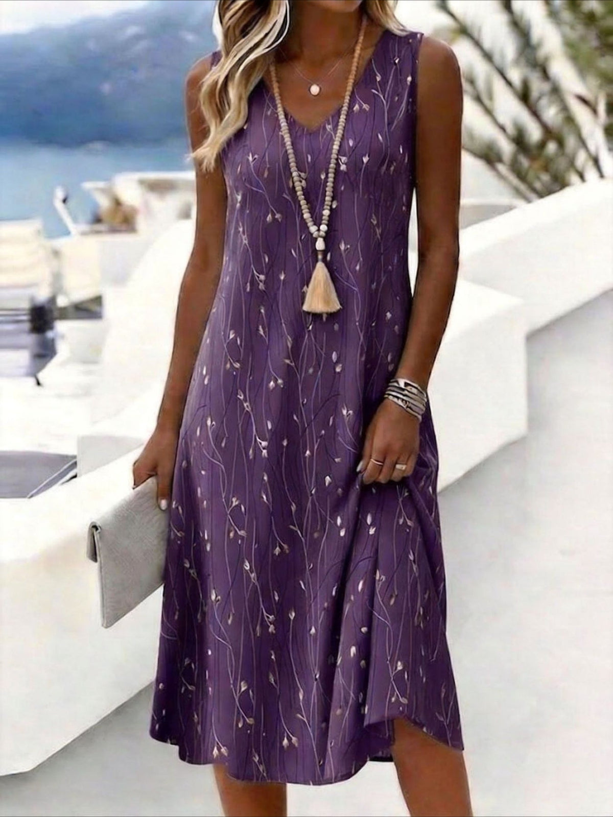 Leaf Print Sleeveless V-Neck Casual Midi Dress