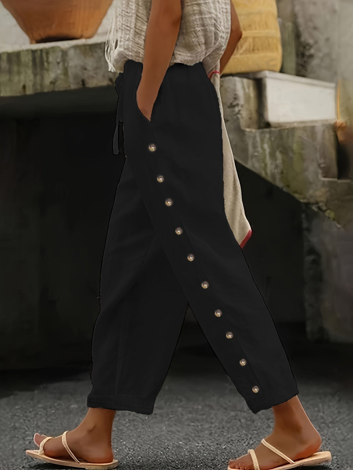 Women'S Elegant Casual Blue Straight-Leg Pants with Pearl Embellishments