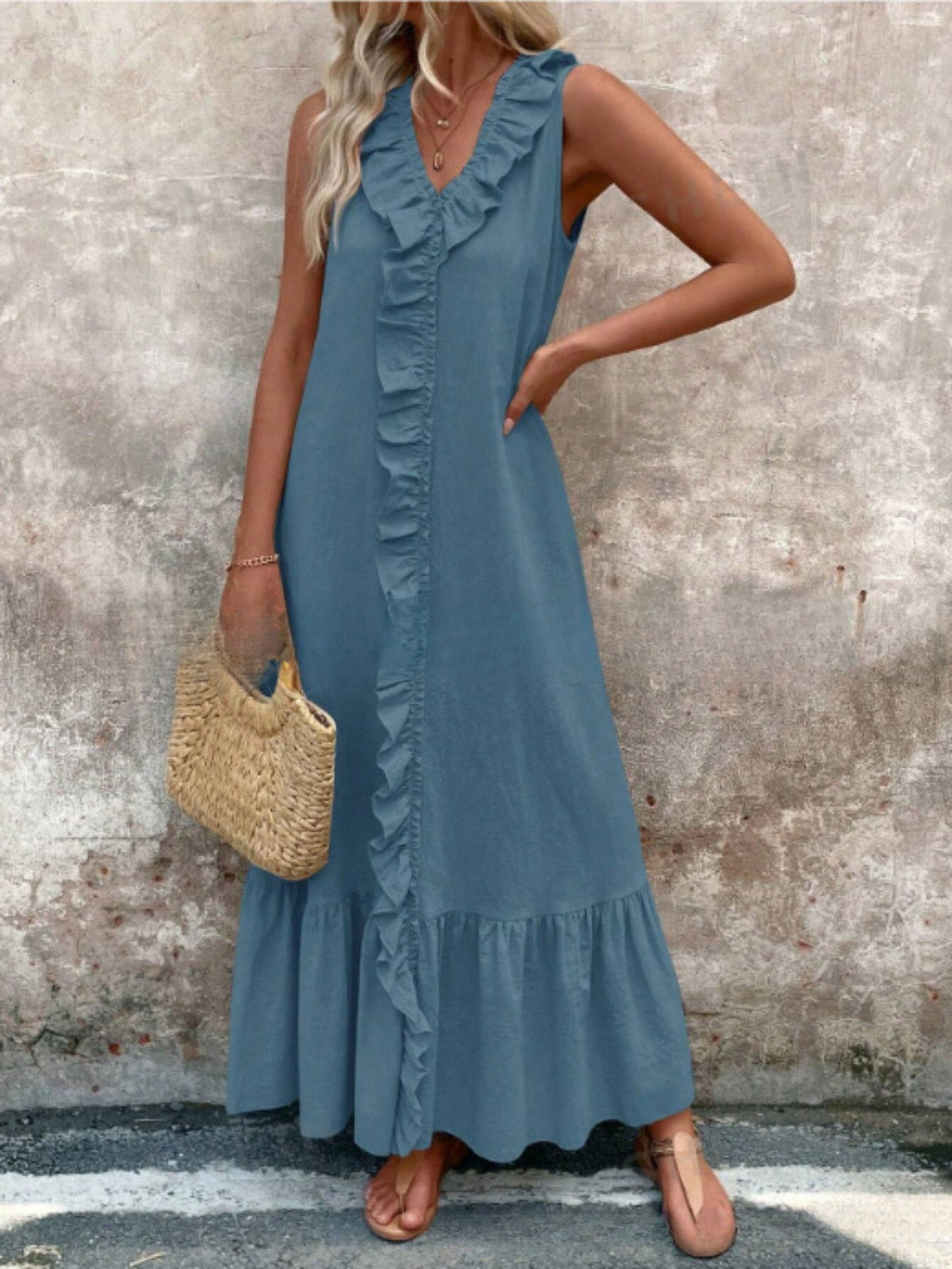 Sleeveless V-Neck Women's Elegant Green Ruffle Hem Midi Dress