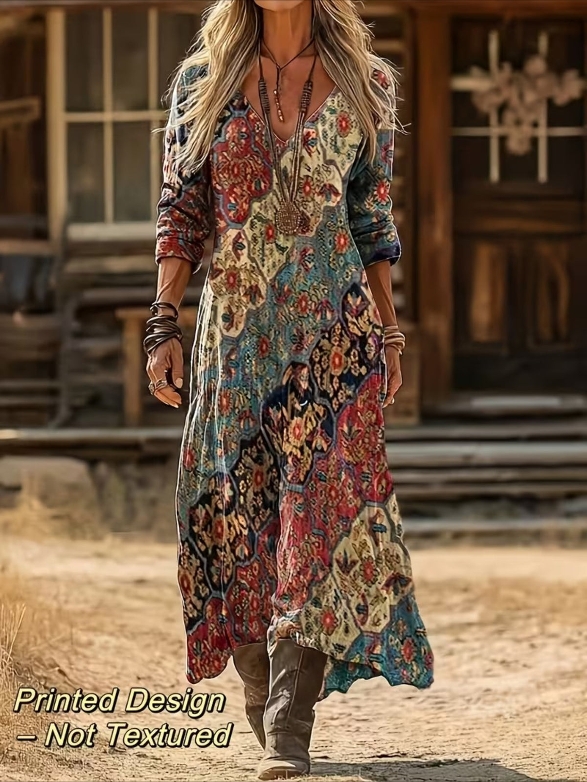 Vintage Ethnic Floral Digital Print Long Sleeve Dress