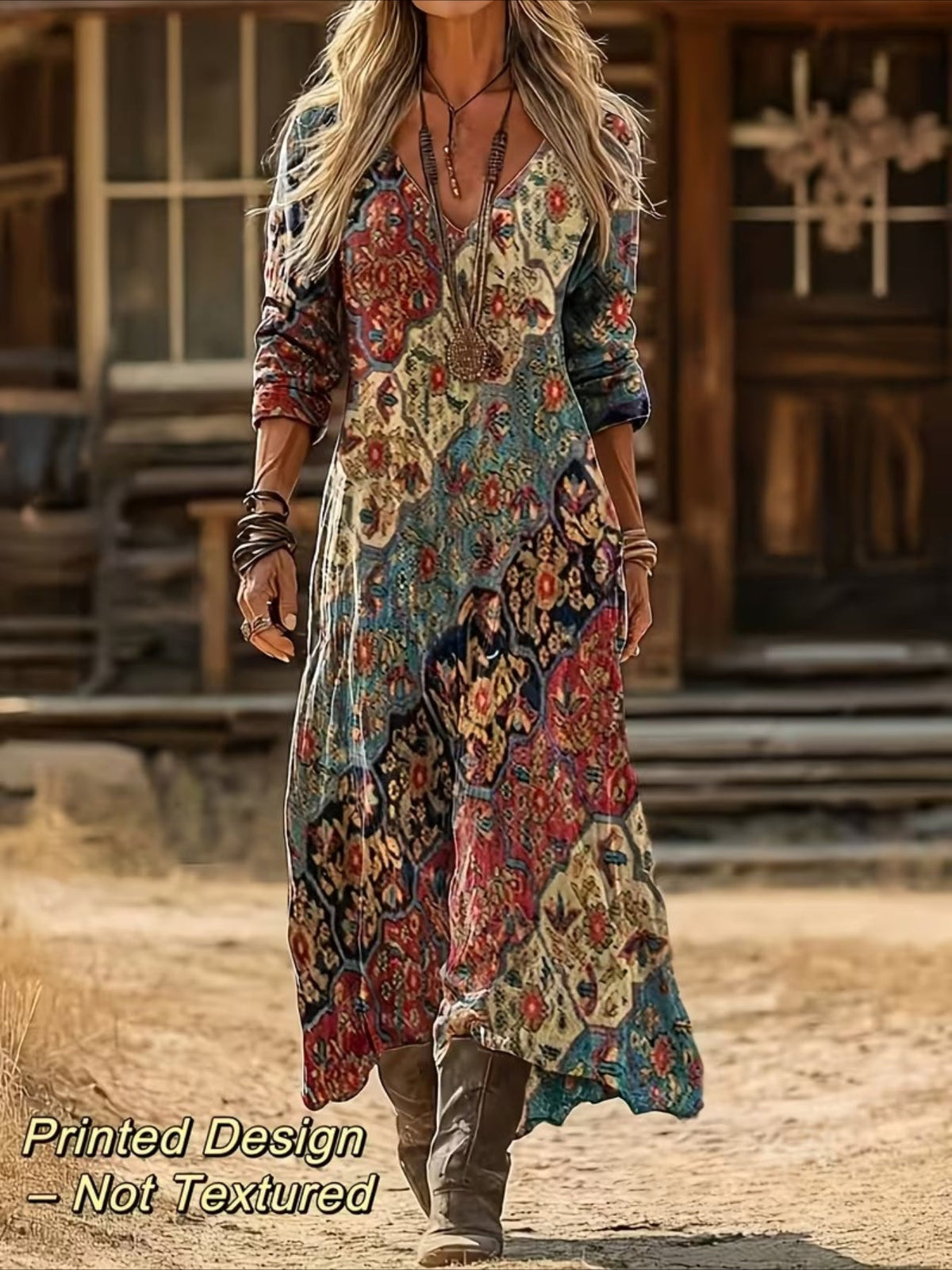 Vintage Ethnic Floral Digital Print Long Sleeve Dress