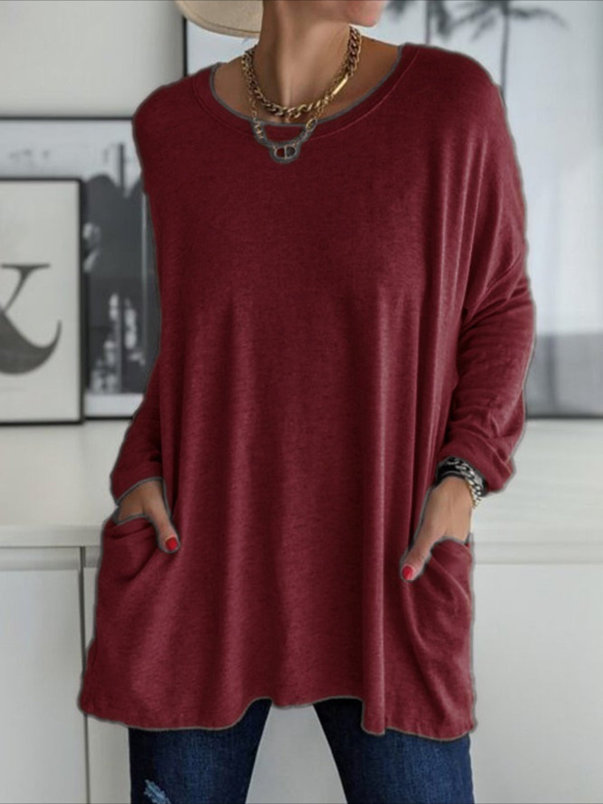 Solid Color Pocket Long Sleeve Crew Neck Top
