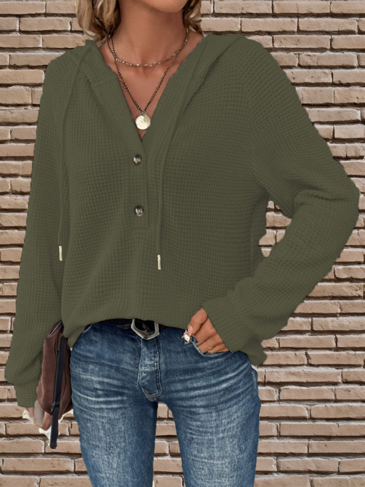 Waffle Button Front Loose Hoodie, Casual Long Sleeve Drawstring Hoodies Sweatshirt