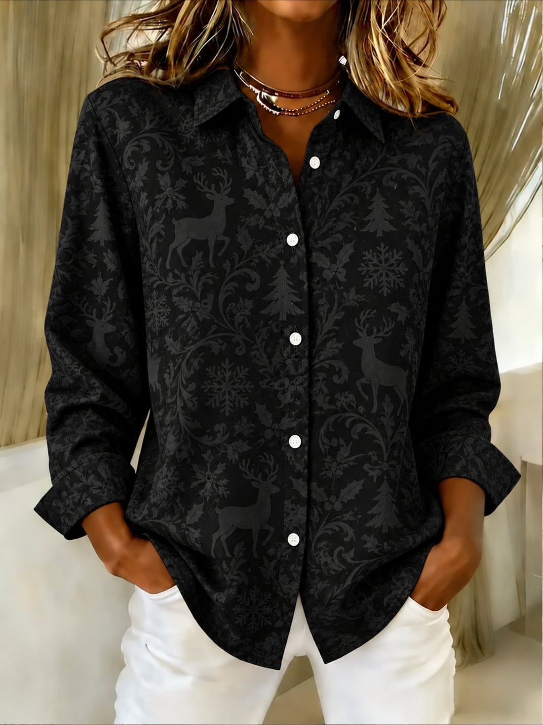 Christmas Patterns Long Sleeve Plain Regular Micro-Elasticity Regular Fit Shirt