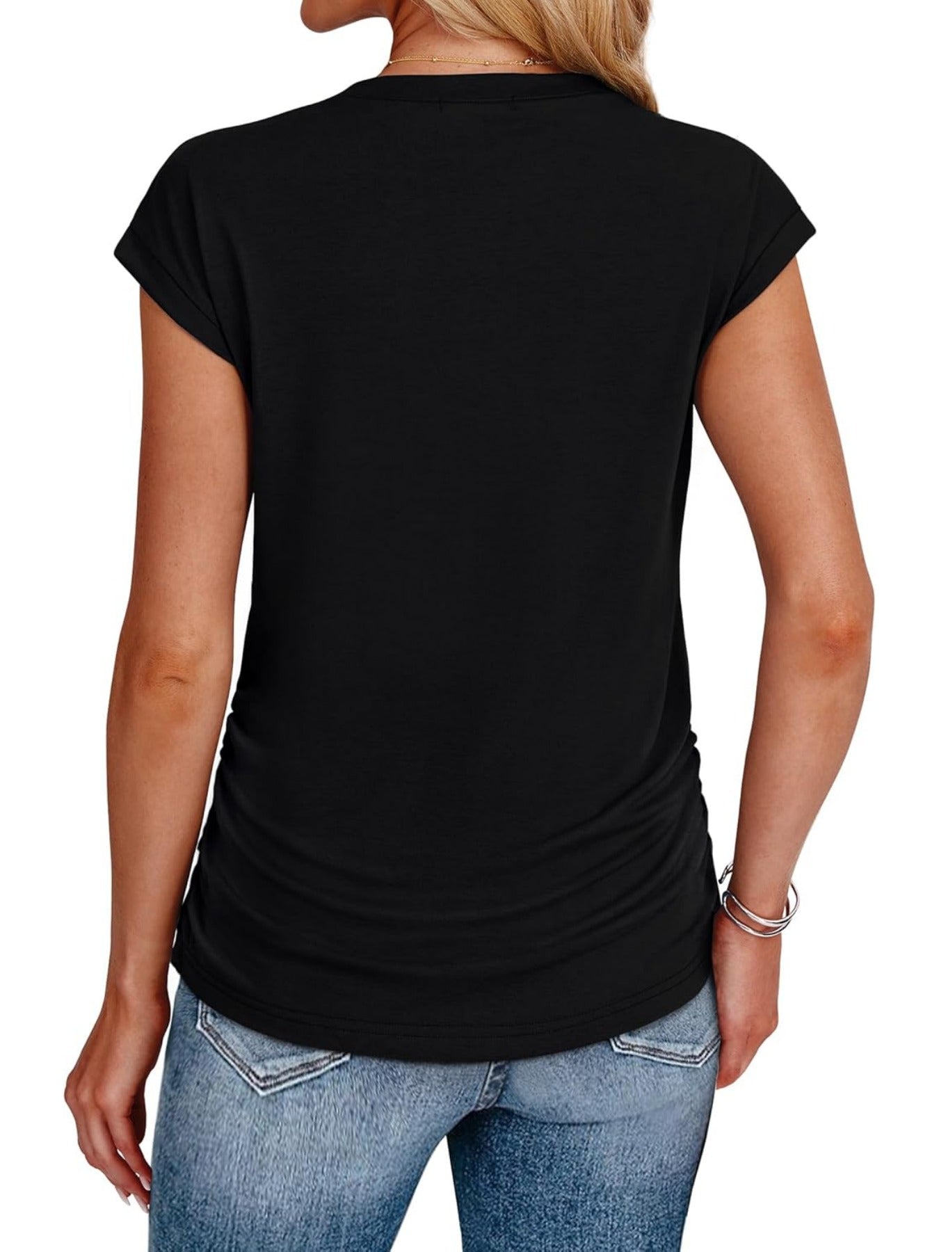 Solid Color Crew Neck Ruched Cap Short Sleeve T Shirts