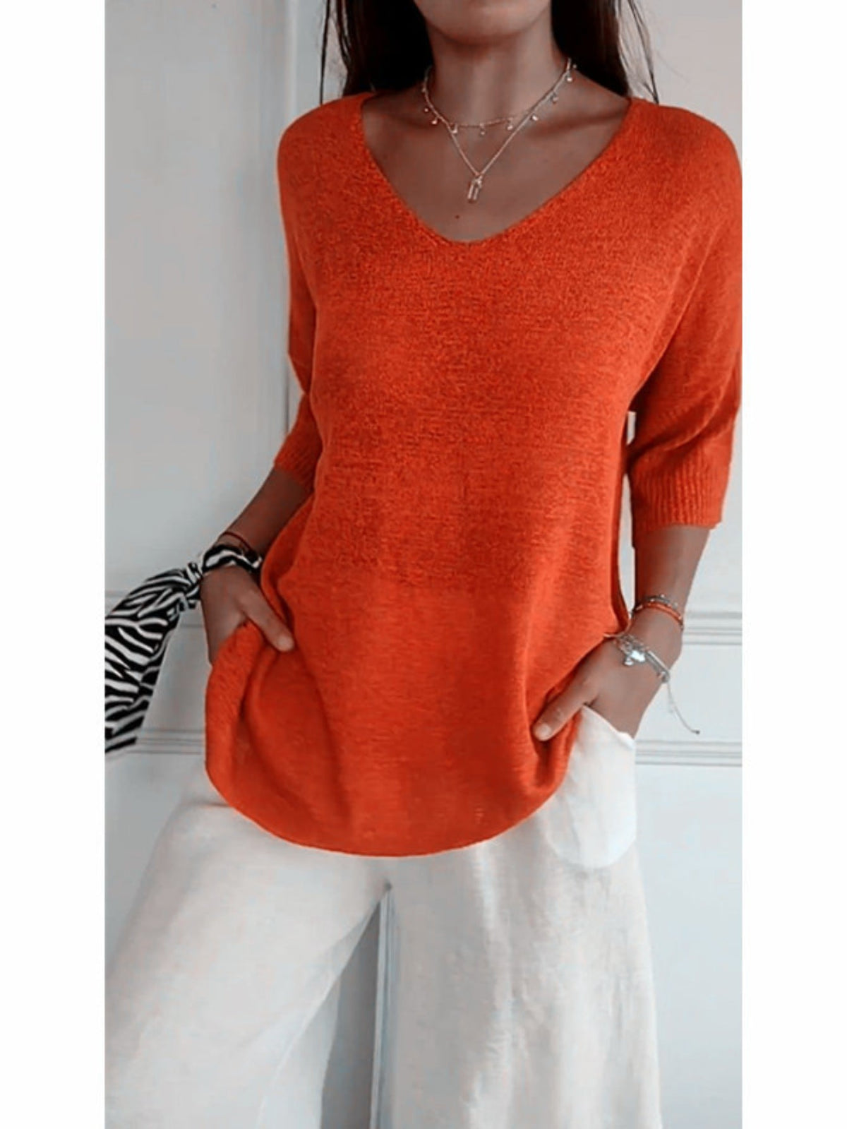 Cozy V Neck Pullover Three-Quarter Sleeve Knitted Sweater